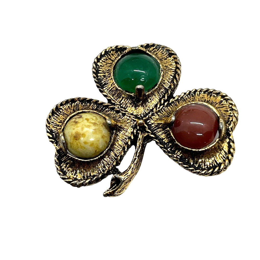 Brooch Pin Shamrock 3 Leaf Clover Gold Tone Vintage Faux Connemara Marble Irish